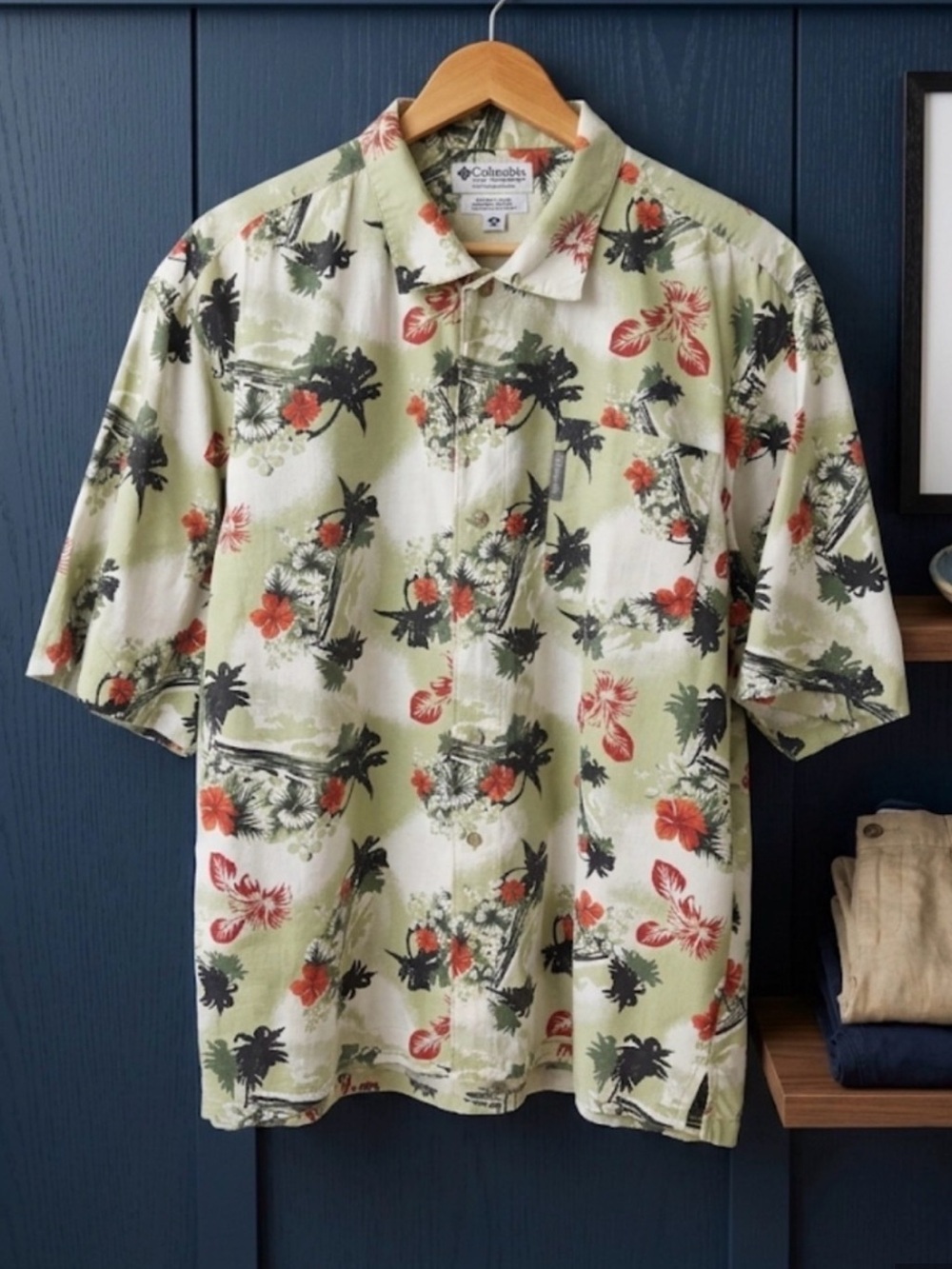 Vintage Columbia Hawaiian Button Down  Men’s Medium Green Summer Floral Shirt